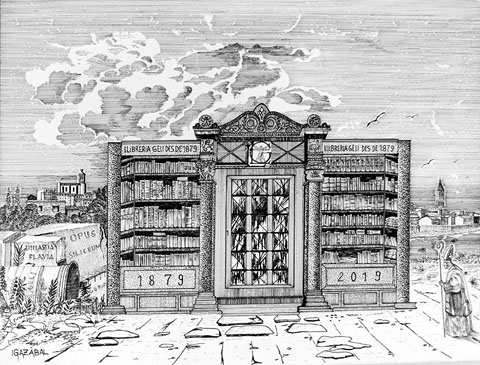 Dibuix d'Igaz&aacute;bal commemortiu dels 140 anys de la Llibreria Geli