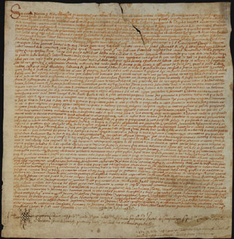 3 d'agost de 1571. Angela Sampsó, abadessa, i la comunitat del monestir de Santa Maria de Cadins, de Girona, firmen rebut a Joan Estanyol, de Cruïlles, i Miquel Balle, de Flaçà, de 100 lliures, preu de cert censal