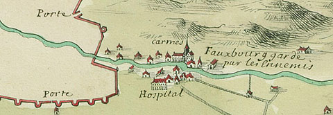 Detall de 'Plan de la ville de Gironne et du campement de l'armée des ennemis avec le campement de l'armée du roy, commandée par le marquis du Plessis-Bellière, le 24 juillet 1653', 1653