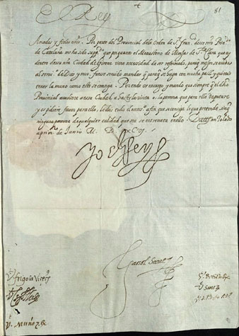 1 de juny de 1596. Felip I (II de Castella) als jurats de la ciutat de Girona. Atesa la súplica del provincial de lorde de Sant Francesc del Principat de Catalunya sobre la reforma que cal fer al monestir de monges de Santa Clara de Girona, els mana que donin suport a lesmentat provincial o a la persona que en el seu lloc visiti la ciutat