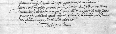 6 de juliol de 1635 (Manual d'Acords) on consta els cost d'adobar l'Àliga, els gegants, els Dracs i la Mulassa que estaven mols 'espatllats' i el nom del artesà. Acord de pagament
