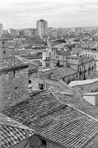 Vista de les teulades del Barri Vell. A l'esquerra, el campanar de l'església del Carme. Al fons, el gratacel del Bolet. 1977