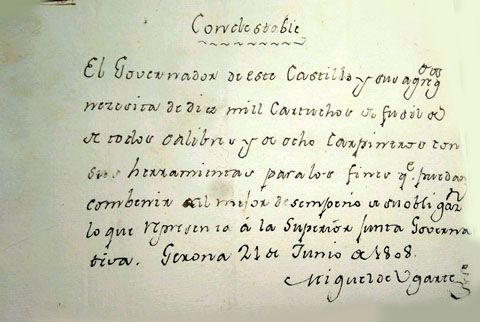 'El Condestable solicita cartuchos'. 21 de juny de 1808