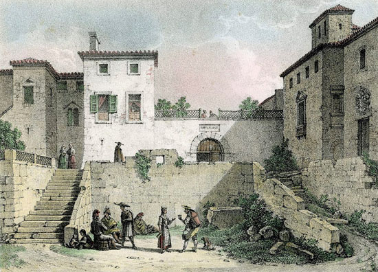 La plaça dels Lledoners, després dels setges de 1808-09 a Girona. La casa de la part central quedaria integrada a l'edifici del convent de les Filles de Sant Josep (Butinyanes) que s'instal·laren a l'indret el 1876. Destaca l'absència de la font feta construir pel bisbe Bernat de Pau a mitjan segle XV, posteriorment reconstruïda. 1824