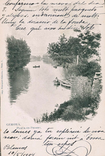 El riu Ter a l'altura del barri de Pedret. S'observen barques navegant pel riu. 1896-1904