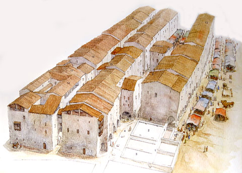 Vista del nord del mercat de l'Areny cap a finals del segle XIII