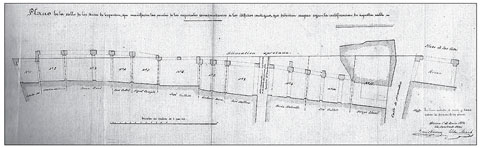 Plànol de les Voltes dels Esparters per Tomàs Carreras i Esteban Muxach, on s'indiquen les parcel·les dels sotaportals corresponents als edificis contigus que haurien d’ocupar segons la rectificació del carrer. 1 de juny de 1875