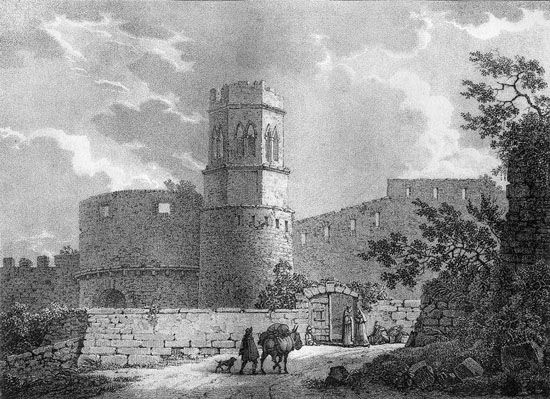 El monestir de Sant Pere de Galligants i el portal de Sant Daniel, amb el tambor. S'observa la torre octogonal del campanar amb els merlets malmenats possiblement a causa dels atacs produïts als setges de la Guerra del Francès a la ciutat. 1824