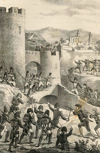 Assalt de les tropes franceses a la torre de Sant Lluís, a la muntanya de Montjuïc, produït durant els setges de la Guerra del Francès. 1861