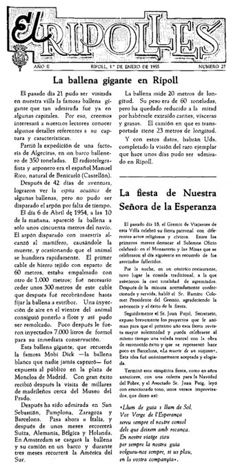 Article del diari 'El Ripollès', de l'U de gener de 1955, informant de l'exhibició de la balena a Ripoll, i de la gira que es proposava iniciar