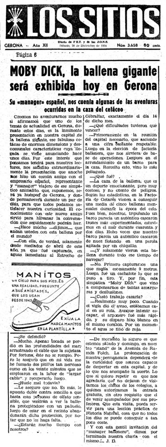 Article del diari 'Los Sitios' anunciant l'arribada a Girona de la balena, amb una entrevista al seu 'manager'. 18 de desembre de 1954
