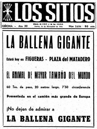 La balena, a Figueres. Anunci al diari 'Los Sitios', del 16 de desembre de 1954