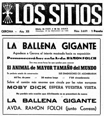 La balena a Girona. Anunci al diari 'Los Sitios', del 19 de desembre de 1954