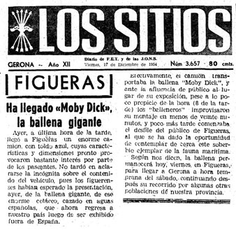 Article del diari 'Los Sitios', del 17 de desembre de 1954, sobre l'arribada de la balena a Figueres