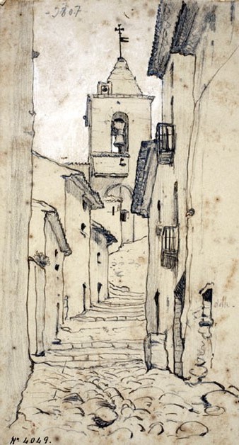 Carrer de poble. Modest Urgell. Ca. 1864. Llapis grafit i tinta a la ploma sobre paper