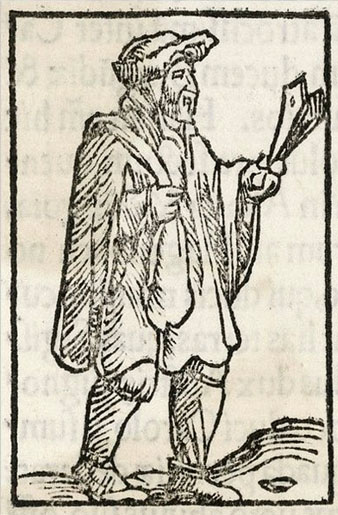 Gravat que representa un leprós amb unes batzoles a la mà per anar avisant del seu pas