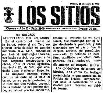 Notícia d'un de tants accidents que es produïen degut a l'estretor de la calçada del pont