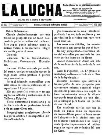 Publicació del diari gironí 'La Lucha' del 8/10/1905
