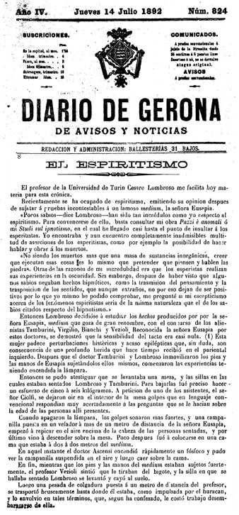 Article publicat al 'Diari de Gerona de AVisos y Notícias' del 14/7/1892