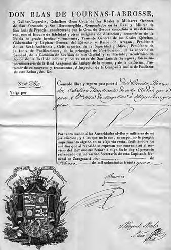 Passaport amb la signatura de Blas de Fourn&aacute;s