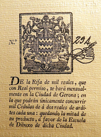 Número de la rifa mensual que es feia a Girona amb un premi de mil rals. Ca. 1835