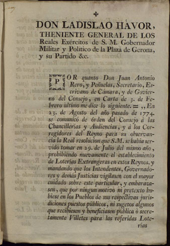 Circular del governador de Girona, Don Ladislao Hávor, sobre la prohibició de l'establiment de loteries estrangeres. 1787, Girona