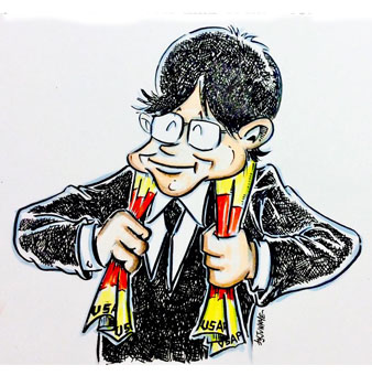 Dibuix de Jordi Juncosa byJunkye al&middot;lusiu a l'arribada del President Puigdemont a Perpiny&agrave; i la rebuda de l'USAP