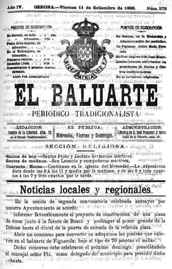 Portada d'un exemplar del periòdic 'El Baluarte. Periódico tradicionalista'