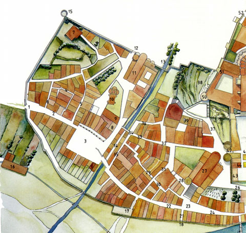 El burg de Sant Pere el 1535. El n&uacute;mero 11 indica el monestir de Sant Pere de Galligants, i el 13, el Galligants, la muralla del rei en Pere i la posici&oacute; del pont