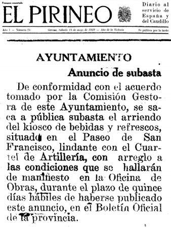 Anunci de subhasta d'un quiosc de begudes, publicat al diari 'El Pirineo'. 13/5/1939