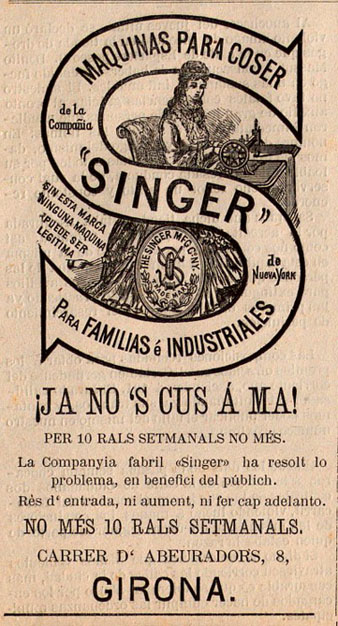 Anunci de màquines de cosir Singer, publicat al periòdic 'Teléfono catalán' el 17/10/1880