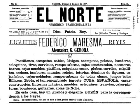 Anunci de la botiga de joguines de Federico Maresma, publicat al periòdic 'El Norte' el 3/1/1897