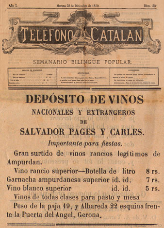Anunci publicat al diari 'Tel&eacute;fono Catal&aacute;n' el 28/12/1879
