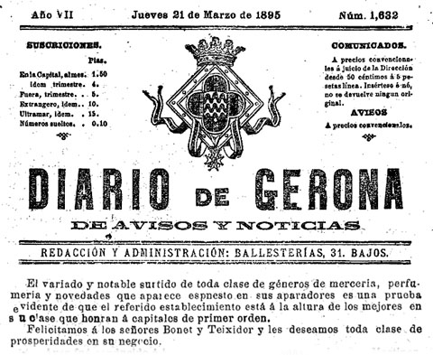 El 'Diario de Gerona de avisos y notícias' del 21/3/1895 dona la notícia de l'obertura de Ca'n Teixidor. L'establiment va tancar el 15/12/2012