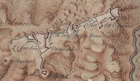 Pl&agrave:nol dels forts de les Pedreres. Detall de 'Gironne', dibuix d'A. Bertau. 1711