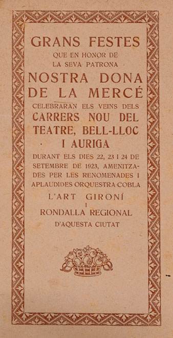 Programa de Grans Festes de la Mercè dels veïns dels carrers Nou del Teatre, Bell-Lloc i Auriga durant els dies 22, 23 i 24 de setembre de 1923