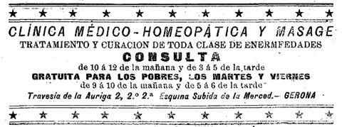 Anunci d'una clínica homeopàtica a la travessia de l'Auriga. Publicat al 'Diario de Avisos y Notícias' del 1/5/1901