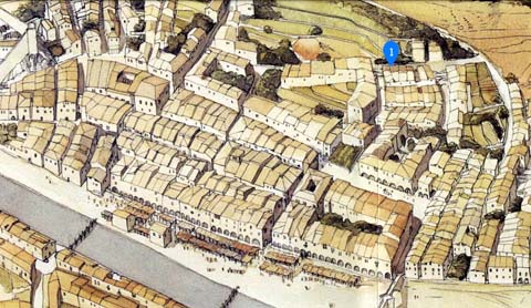 Girona a la 1a meitat del segle XIV. S'hi indica el carrer d'en Rossinyol, actual carrer de Sant Josep