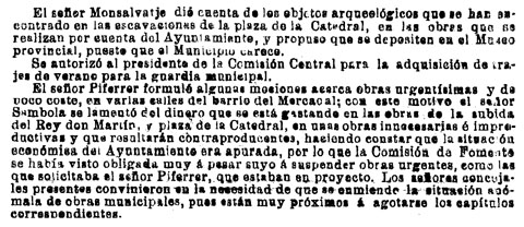 'Diario de Gerona de avisos y notícias' 12 maig 1904. Informen que s'han trobat restes arqueològiques en les obres de la plaça de la catedral i es queixen dels diners que costen