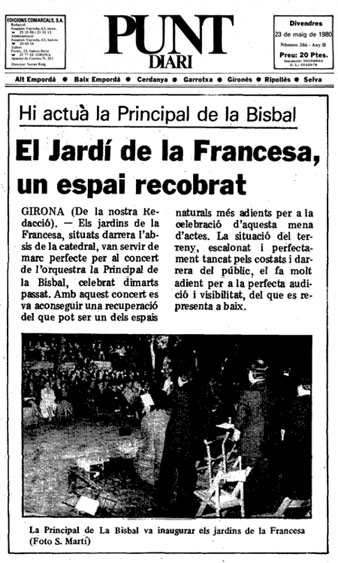 Not&iacute;cia de la recuperaci&oacute; dels Jardins de la Francesa. Publicat al diari El Punt, el 23/5/1980