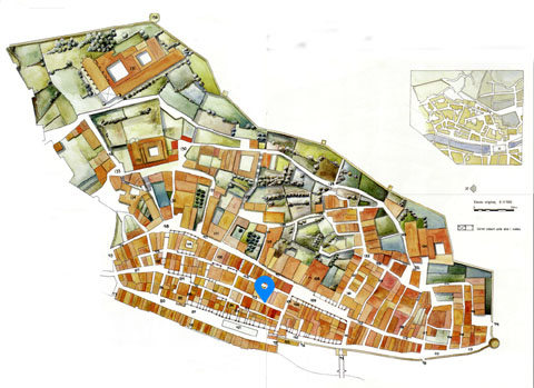 Els barris de l'Areny i la Vilanova de Girona el 1535. S'hi indica la situació del carrer Mercaders