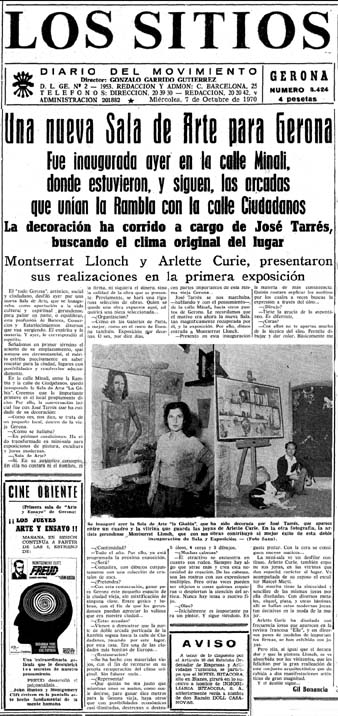 Notícia de  la inauguració de la Sala d'Art 'La Gàbia' al diari Los Sitios de Gerona. 7/10/1970