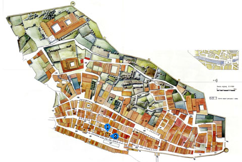 Plànol de l'Areny i la Vilanova, el sector meridional de la ciutat vella, entre la muntanya de les Pedreres i el riu Onyar, el 1535. S'hi indica: 1- Carnisserla de l'Ovella. Anomenada, també, de la Boqueria, documentada ja des de principis del segle XIII (1206), actual carrer de les Peixateries Velles. 2-  Carrer de la carnisseria de l'Ovella. Travessia que anava a la plaça de les Cols, actual carrer de les Olles