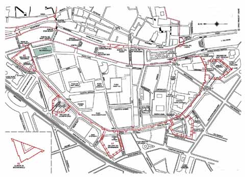 Plànol del Mercadal actual sobre el que s'han indicat les muralles i la situació de la plaça