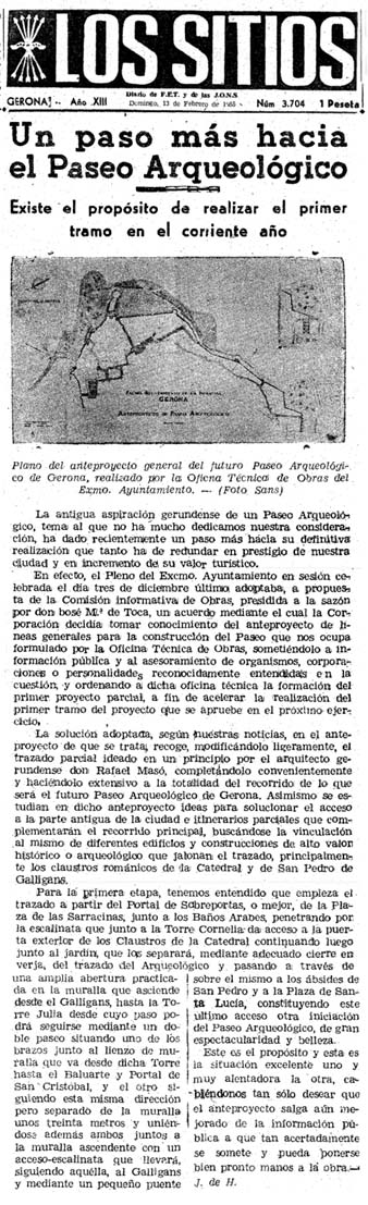Not&iacute;cia sobre sobre l'avantprojecte del Passeig Arqueol&ograve;gic publicat al diari 'Los Sitios de Gerona' el 13/2/1955