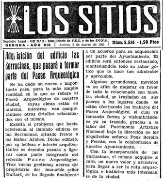 Not&iacute;cia sobre la compra de l'edifici de Sarra&iuml;nes per incorporar-lo al  Passeig Arqueol&ograve;gic publicat al diari 'Los Sitios de Gerona' el 1/3/1961