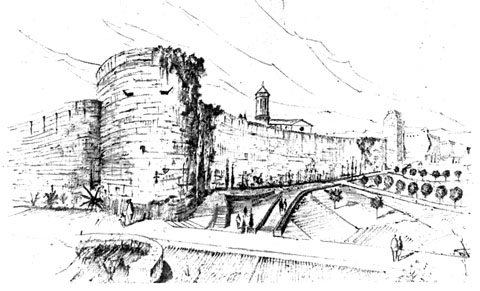 Projecte del Passeig Arqueol&ograve;gic. Vista de la muralla amb la Torre del Peix (o de Sant Dom&egrave;nec)