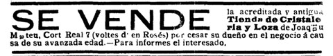 Anunci publicat al 'Diari de Girona d'avisos i notícies' el 28/1/1909