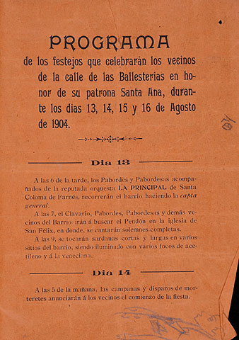 Programa de festes dels veïns del carrer Ballesteries en honor a la seva patrona Santa Anna durant els dies 13, 14, 15 i 16 d'agost del 1904