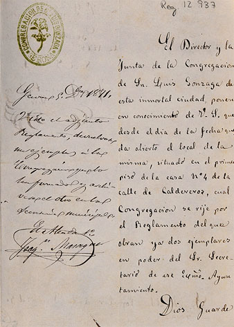 Carta de la Congregaci&oacute; de Sant Llu&iacute;s Gonzaga de Girona (secretari: Jos&eacute; Franquet Serra) a l'Ajuntament de Girona. Es comunica que aviat s'obrir&agrave; el local de l'entitat ubicat al carrer Calderers. 1871